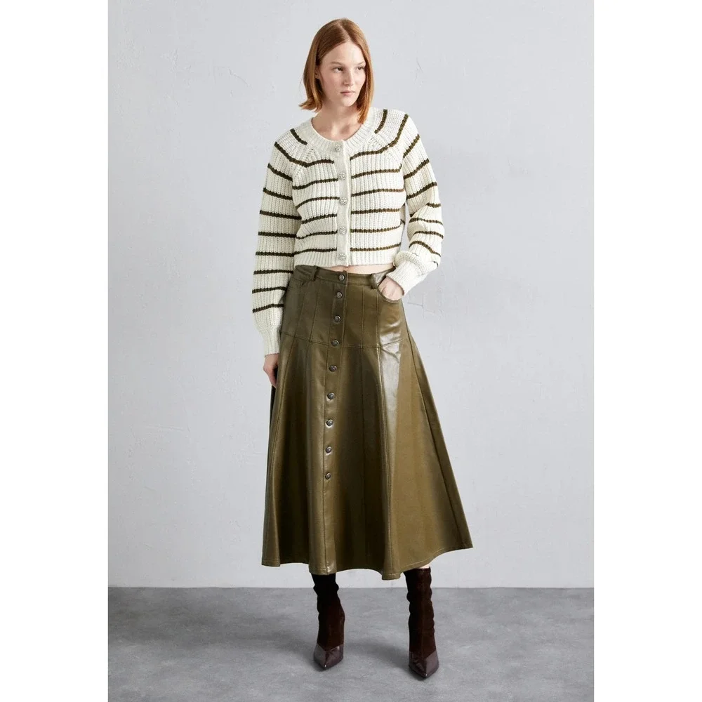 Cinq À Sept Veena Skirt a-line Midi Button Olive  Green Vegan Leather  6 Worn 1x